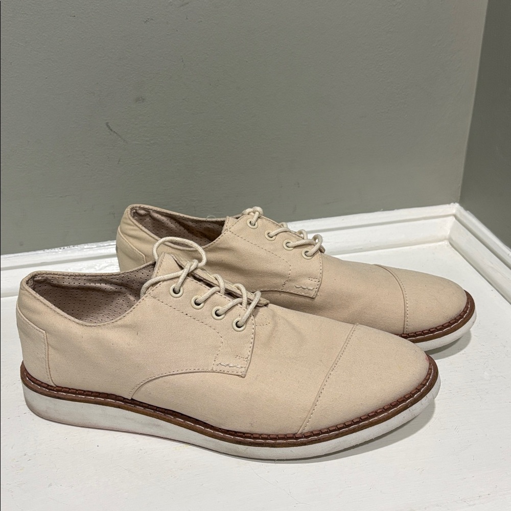 TOMS Men's Beige Broque Oxford Canvas Derby Shoes-size 11